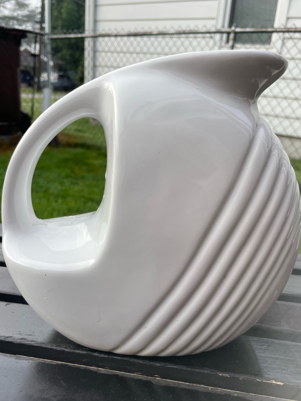 Vintage White Ceramic Pitcher Cantinaware Ribbed Art Deco Disk Design